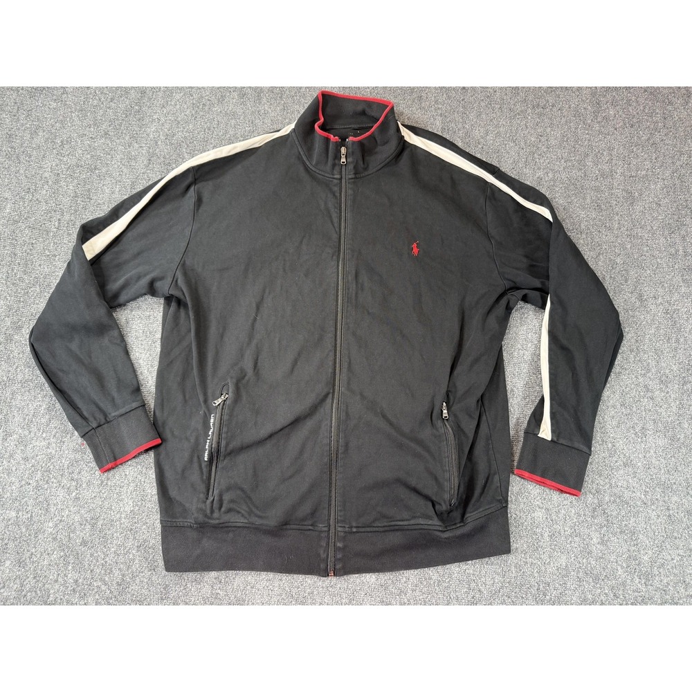 Ralph Lauren Jacket Mens 3XL Track Black Full Zip Stripe Zip‎ Pockets Athletic